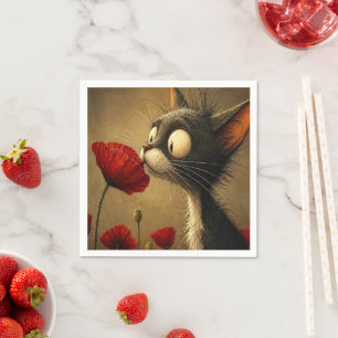 Cute Black & White Cat Red Flower Paper Napkin