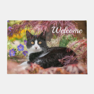 Cute Black-White Cat Resting under a Maple Tree - Doormat