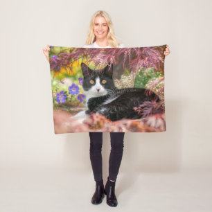 Cute Black-White Cat Resting under a Maple Tree - Fleece Blanket