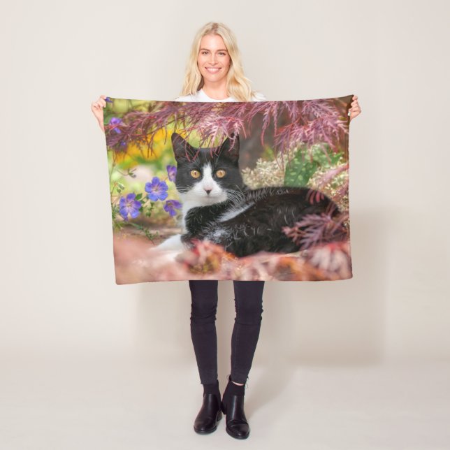 Cute Black-White Cat Resting under a Maple Tree -  Fleece Blanket (In Situ)