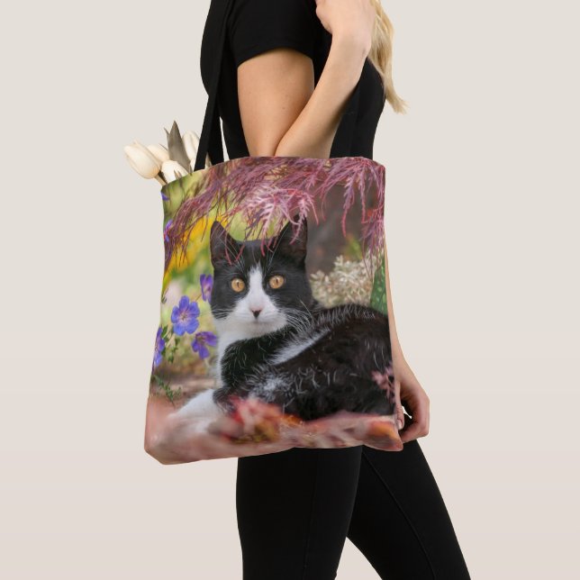 Cute Black-White Cat Resting under a Maple Tree - Tote Bag (Close Up)