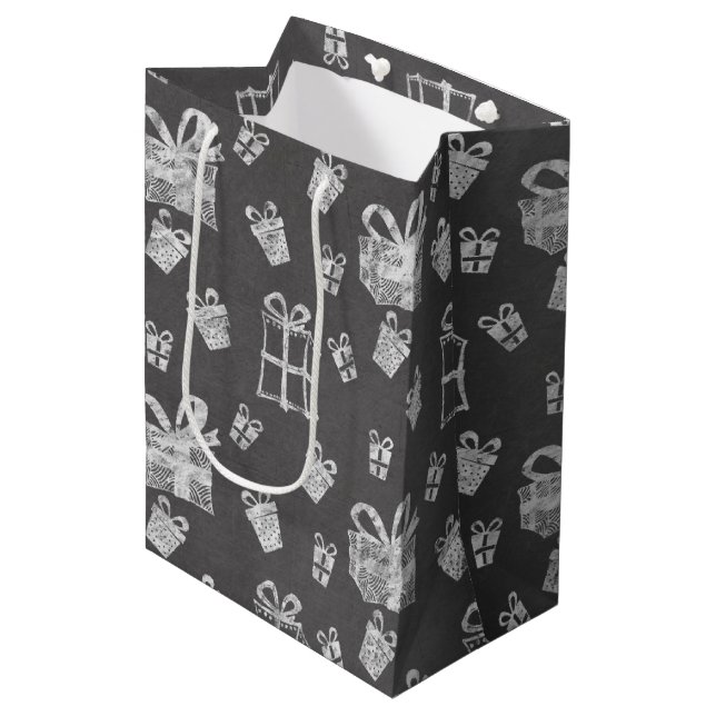 Cute Black & White Christmas Present Chalkboard Medium Gift Bag (Front Angled)