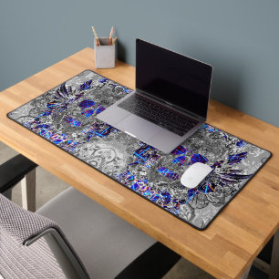 Cute black white colourful neon skull desk mat