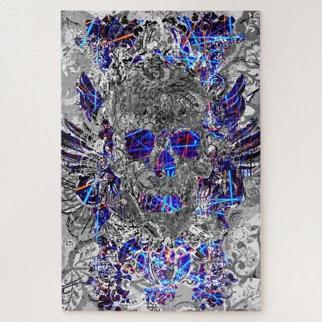 Cute black white colourful neon skull license plat jigsaw puzzle (Vertical)
