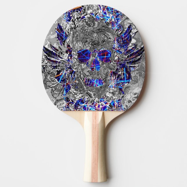 Cute black white colourful neon skull license plat ping pong paddle (Front)