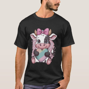 Cute Black White Cow Holding Heart Pink Coquette B T-Shirt