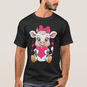Cute Black White Cow Holding Heart Pink Coquette B T-Shirt