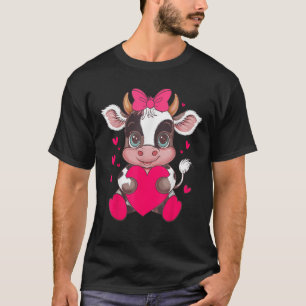 Cute Black White Cow Holding Heart Pink Coquette B T-Shirt