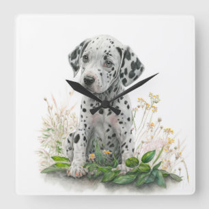 CUTE BLACK & WHITE DALMATIAN PUPPY DOG SQUARE WALL CLOCK