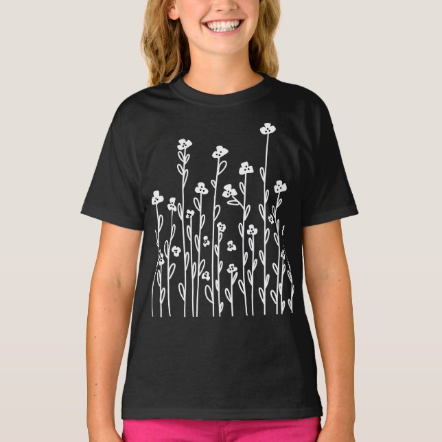 Cute black white doodle floral wildflowers T-Shirt (Front)