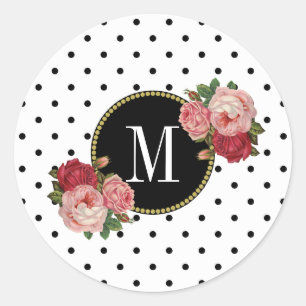 Cute Black White Dots Vintage Floral Gold Monogram Classic Round Sticker