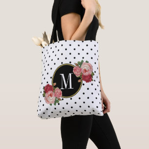 Cute Black White Dots Vintage Flowers Monogram Tote Bag