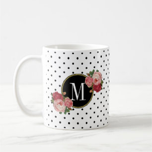 Cute Black White Dots Vintage Roses Gold Monogram Coffee Mug