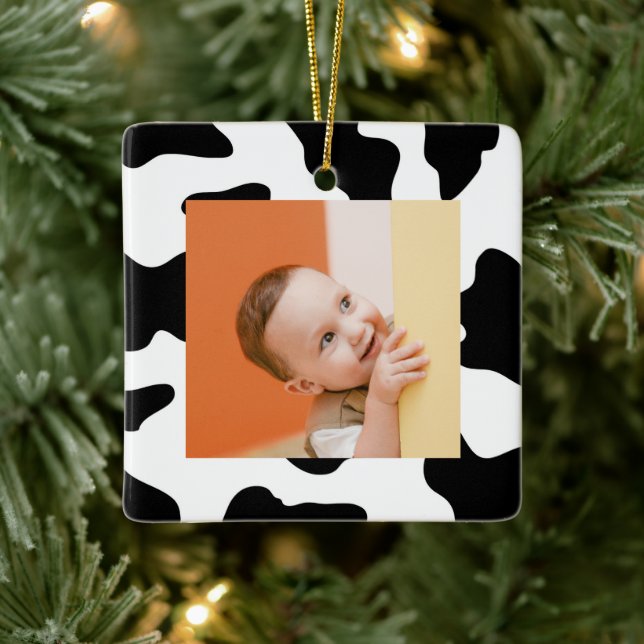 Cute black white farm animal cow print photo ceramic ornament (Tree)