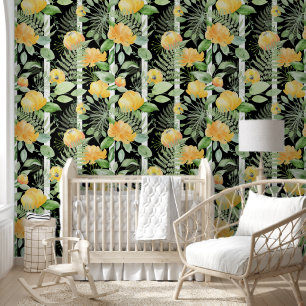 Cute Black White Floral Botanical Stripes Pattern Wallpaper