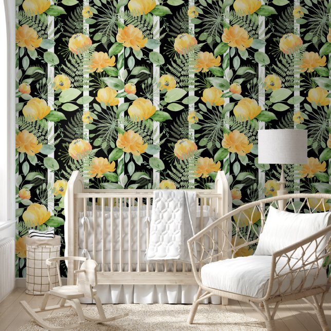 Cute Black White Floral Botanical Stripes Pattern Wallpaper (Kids)