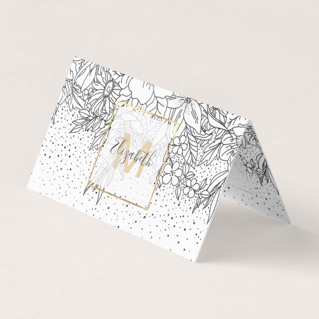 Cute Black White floral doodles and confetti Business Card (Front)