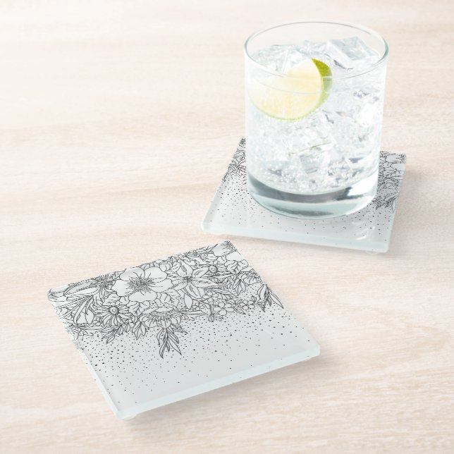 Cute Black White floral doodles and confetti Glass Coaster (Angled)