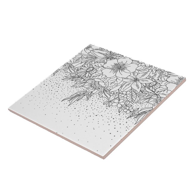 Cute Black White floral doodles and confetti Tile (Side)