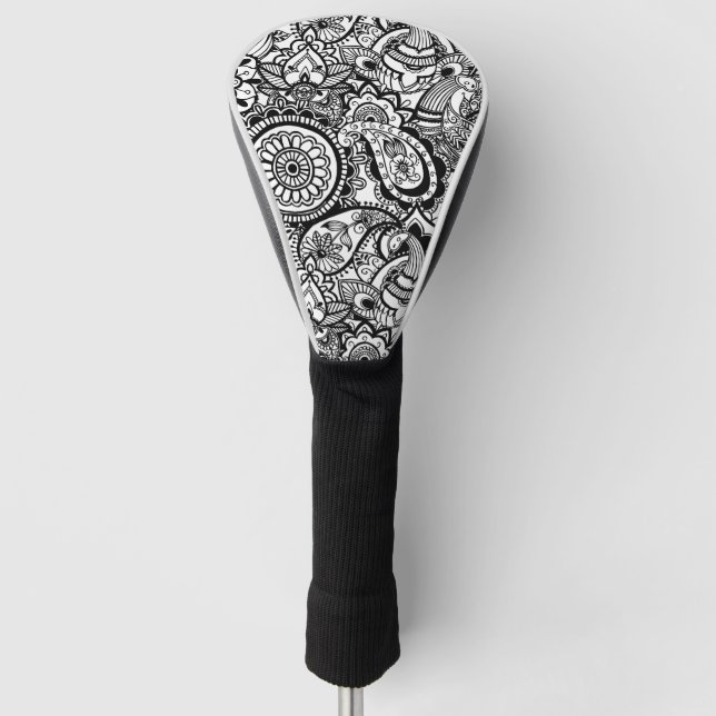 Cute black white floral paisley golf head cover (Front)
