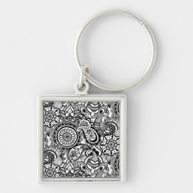 Cute black white floral paisley key ring (Front)