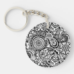 Cute black white floral paisley key ring