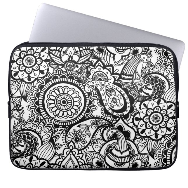 Cute black white floral paisley laptop sleeve (Front)