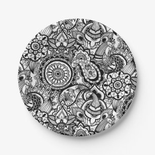 Cute black white floral paisley paper plate