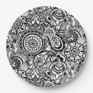 Cute black white floral paisley paper plate