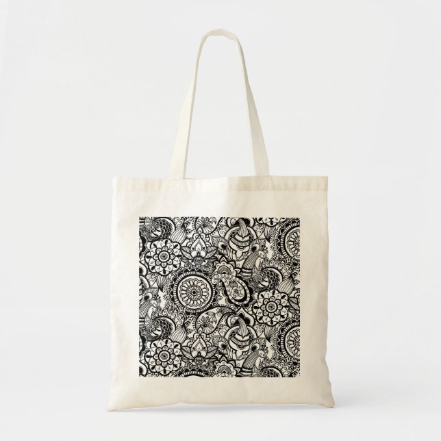 Cute black white floral paisley tote bag (Front)