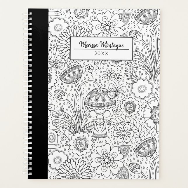 Cute Black White Floral Pattern Planner (Front)