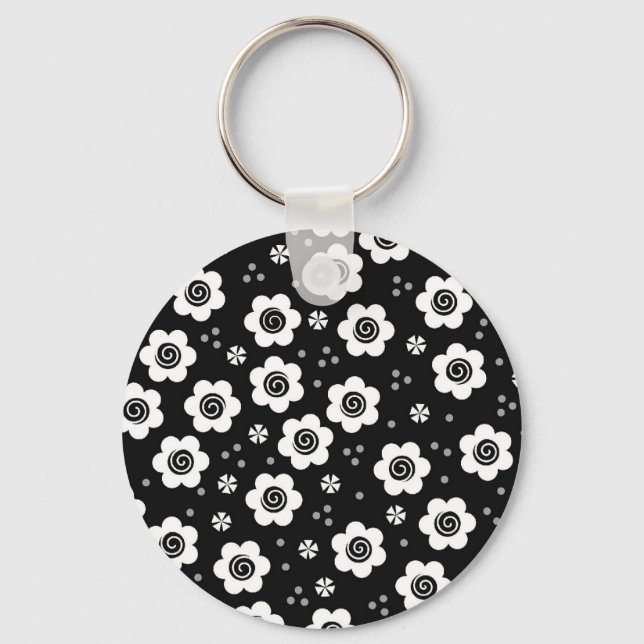 Cute black white flowers Keychain (Front)