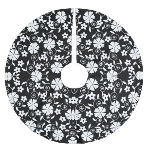 Cute black white flowers pattern brushed polyester tree skirt