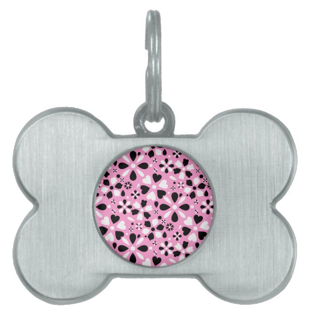 Cute black white flowers pet ID tag (Front)