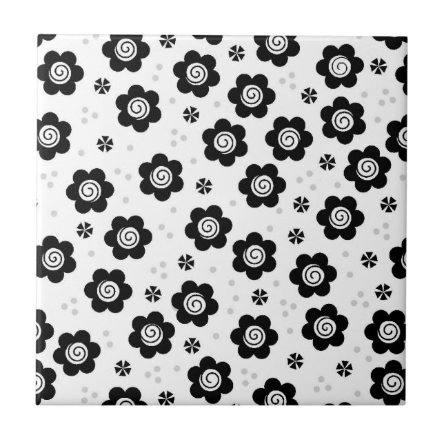 Cute black white flowers Tile (Front)