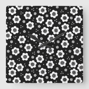 Cute black white flowers Wall Clock