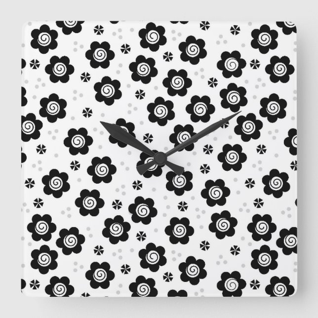 Cute black white flowers Wall Clock (Front)