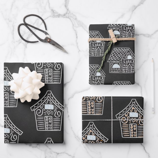 Cute Black White GingerBread House Christmas Gift Wrapping Paper Sheet (Front)