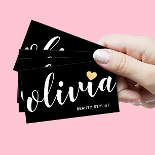 Cute Black White Gold Heart Calligraphy Business Card