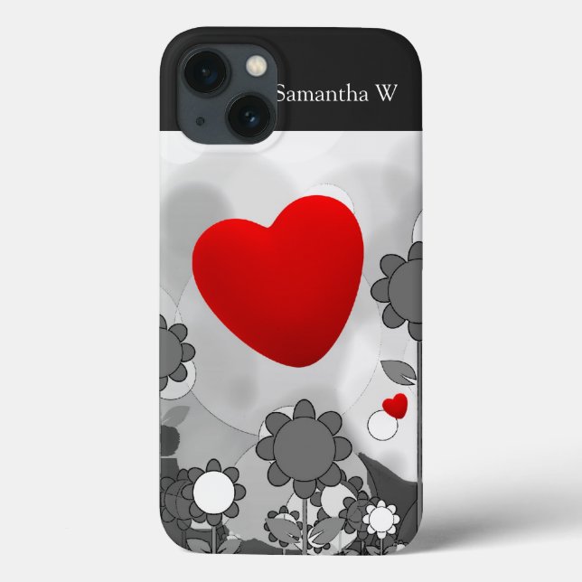 Cute Black/White/Grey Flowers w/Big Red Heart Case-Mate iPhone Case (Back)