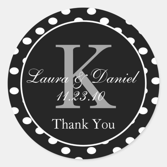 Cute Black White Grey Polka Dots Monogram Favour Classic Round Sticker (Front)