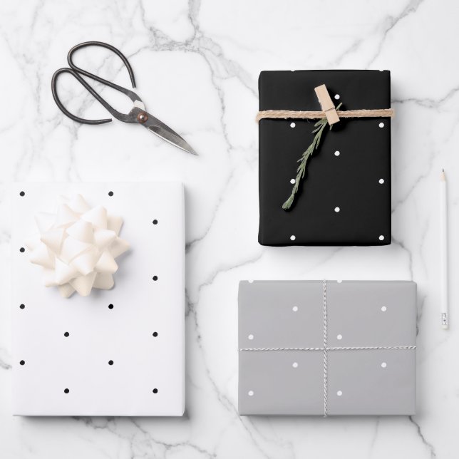 Cute black white grey tiny polka dots pattern chic wrapping paper sheet (Front)
