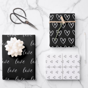 Cute Black White Hearts Pattern Valentine Modern Wrapping Paper Sheet