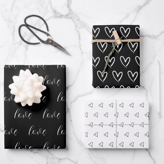 Cute Black White Hearts Pattern Valentine Modern Wrapping Paper Sheet (Front)