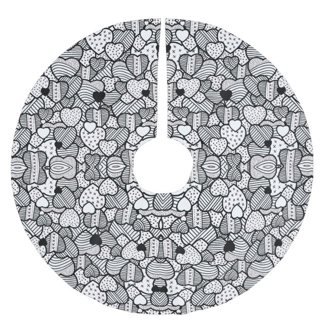 Cute black white hearts patterns brushed polyester tree skirt (Front)