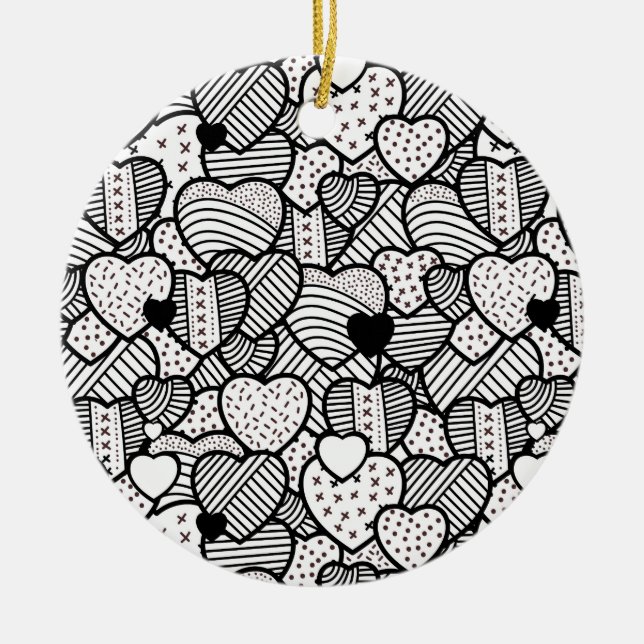 Cute black white hearts patterns ceramic tree decoration (Front)