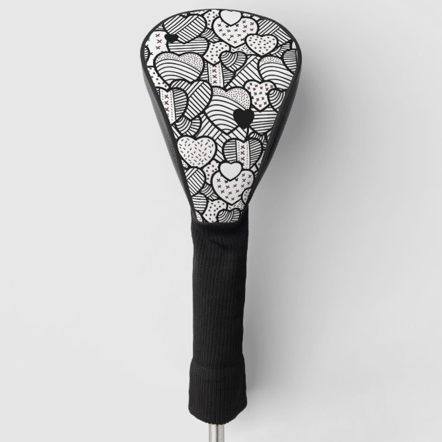 Cute black white hearts patterns golf head cover (Front)