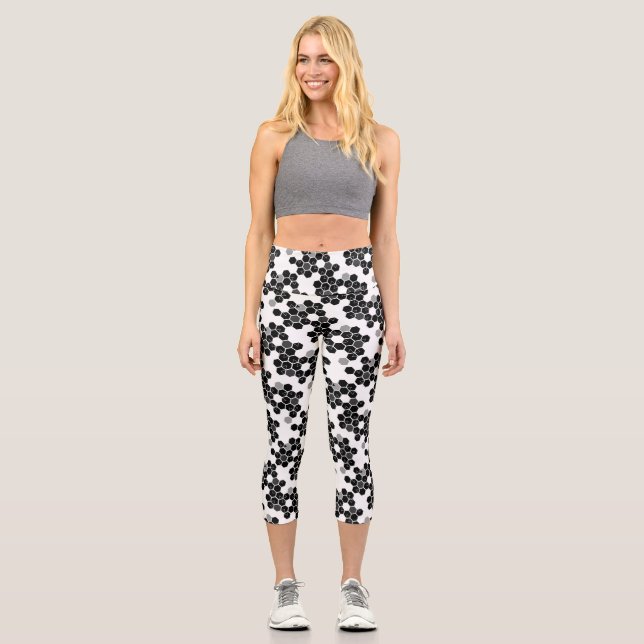 Cute black white hex data patterns neck tie capri leggings (Front)