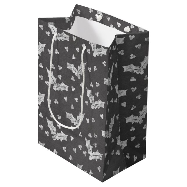 Cute Black & White Holly Christmas Chalkboard Medium Gift Bag (Front Angled)