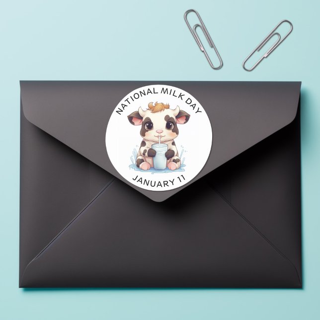 Cute Black & White Kawaii Baby Cow Drinking Milk Classic Round Sticker (Creator Uploaded)